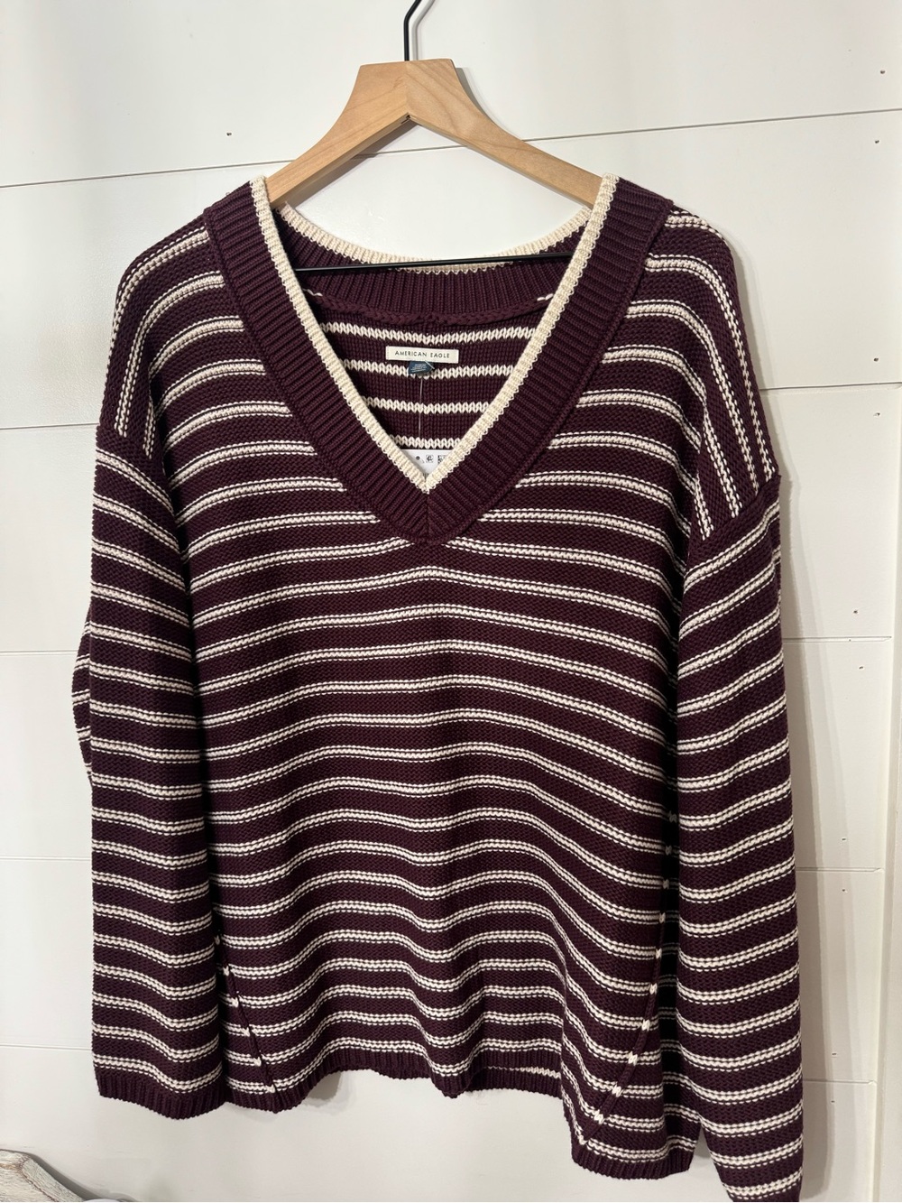 American Eagle Outfitters Burgundy and Cream Striped V-Neck Sweater